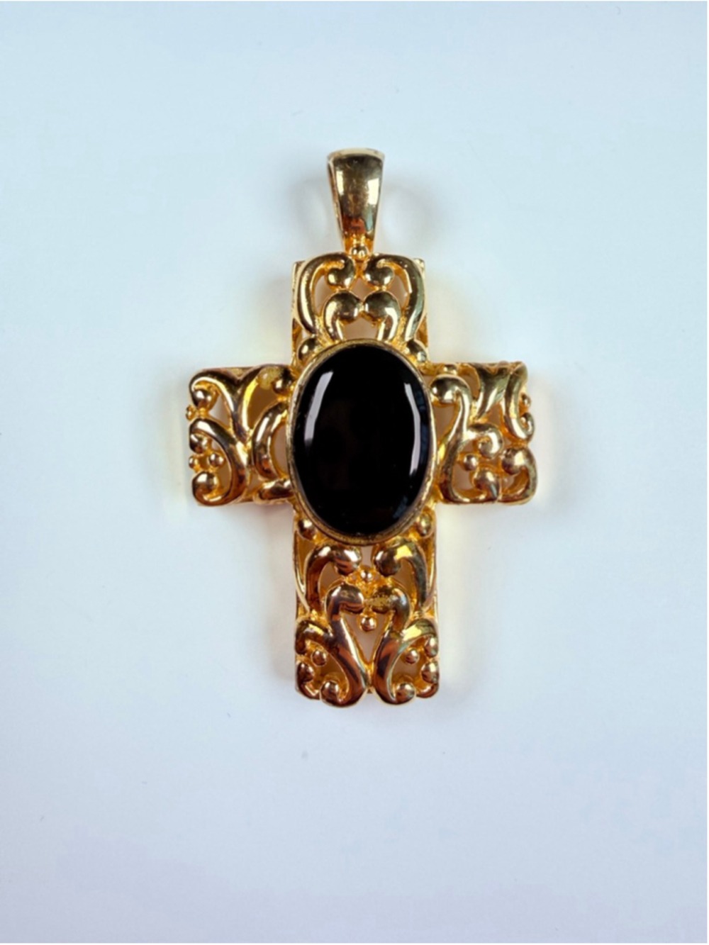Gold Vermeil Large Ornate Cross Black Onyx 925 Sterling Silver Vtg Pendant 2.3"